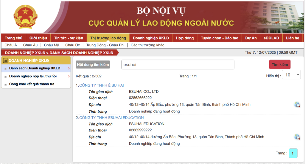 Hãy tìm kiếm công ty phái cử bạn muốn đi theo có trong danh sách được cấp phép không
